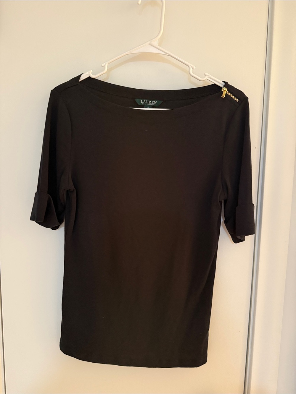 Lauren Ralph Lauren Black Boatneck Elbow-Sleeve Top with Shoulder Zip